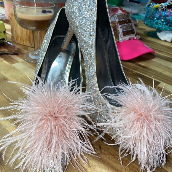 Gently used Kate Spade Marabou Pumps silver and gold glitter with pink feathers - Picture 3 of 17